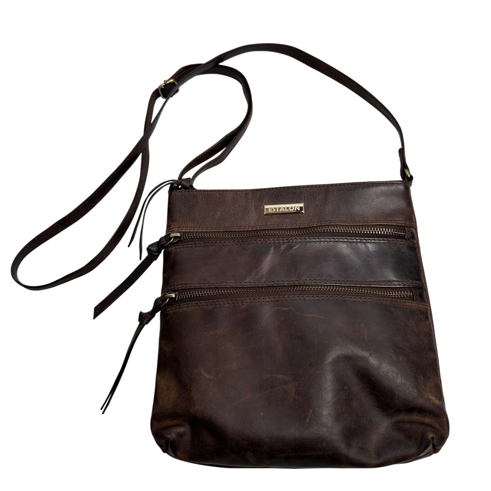 Estalon Crossbody Bag Purse - Distressed Dark Brown - 100%‎ Genuine Leather